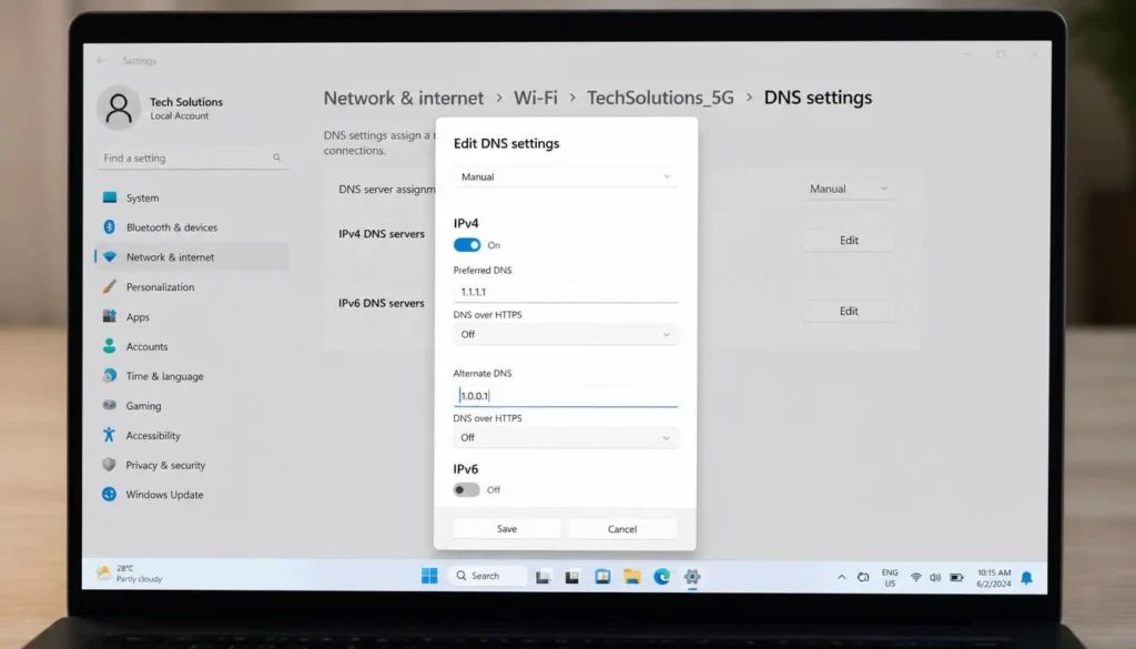 Changing DNS settings on Windows laptop to fix WiFi internet issue