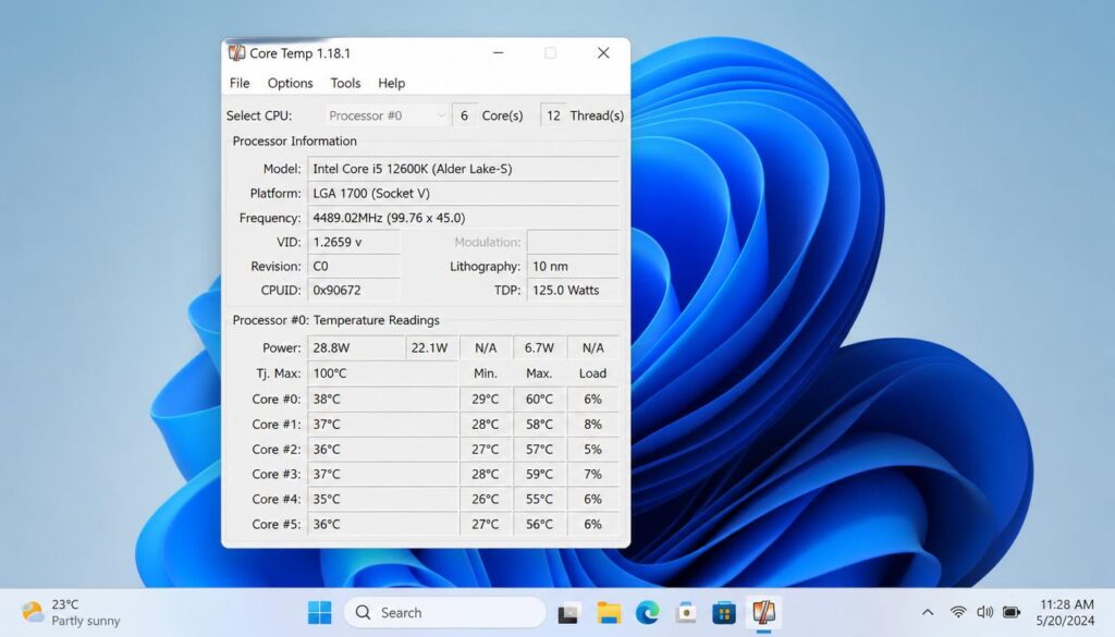 Core Temp software checking CPU temperature in Windows 11