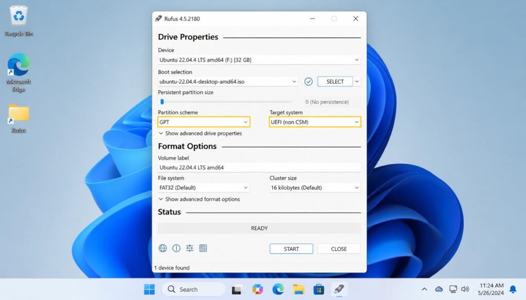 Create Ubuntu bootable USB using Rufus GPT and UEFI settings