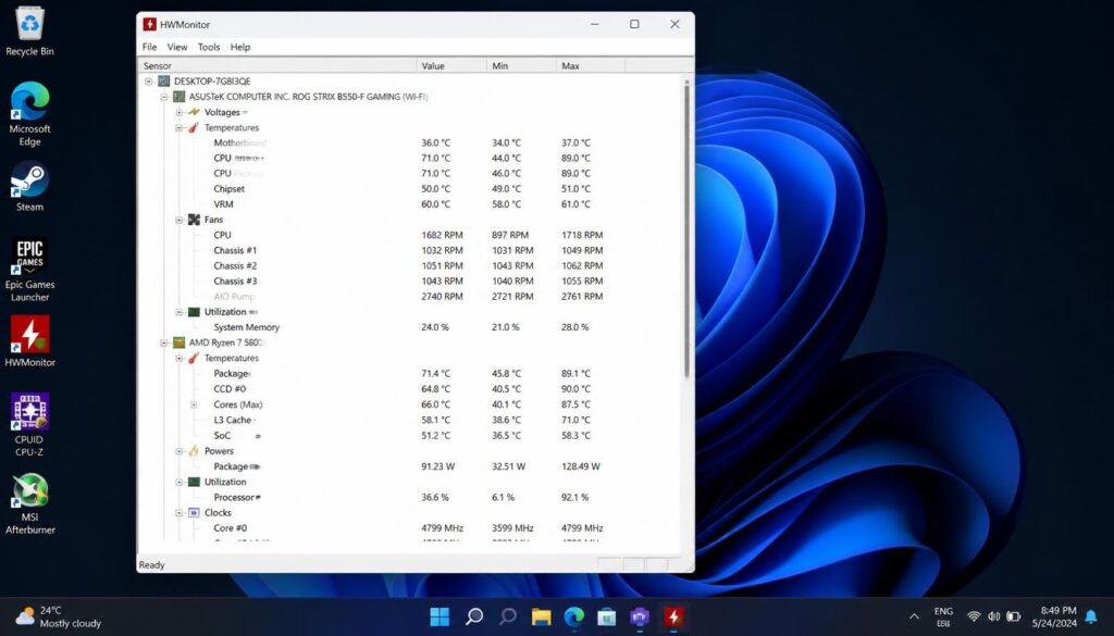 HWMonitor software tracking CPU temperature on Windows 11