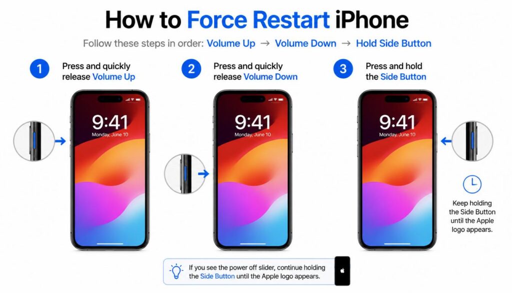 Force restart iPhone when screen is frozen button sequence