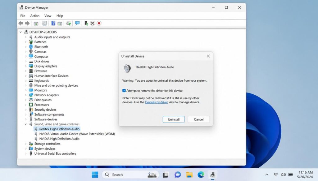 Reinstall audio drivers to fix audio renderer error Windows 11