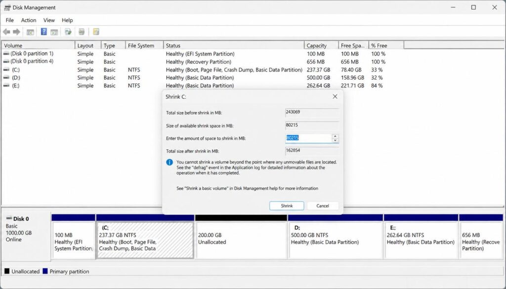 Windows 11 disk partitioning for Linux using Disk Management