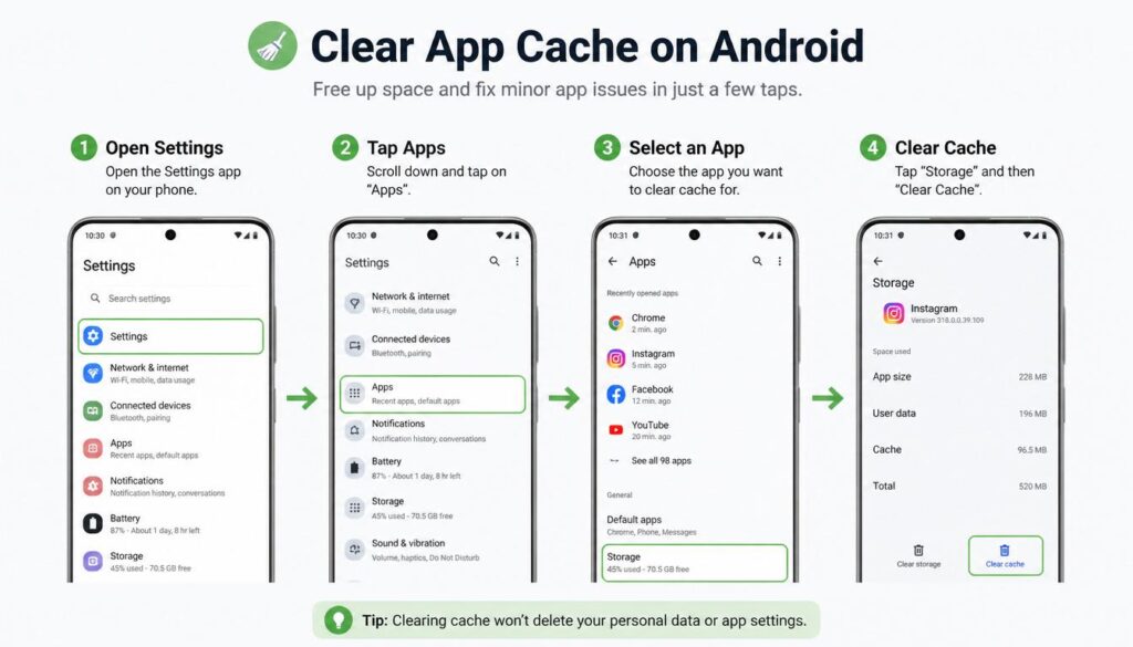 Step by step process to clear cache on Android without deleting apps