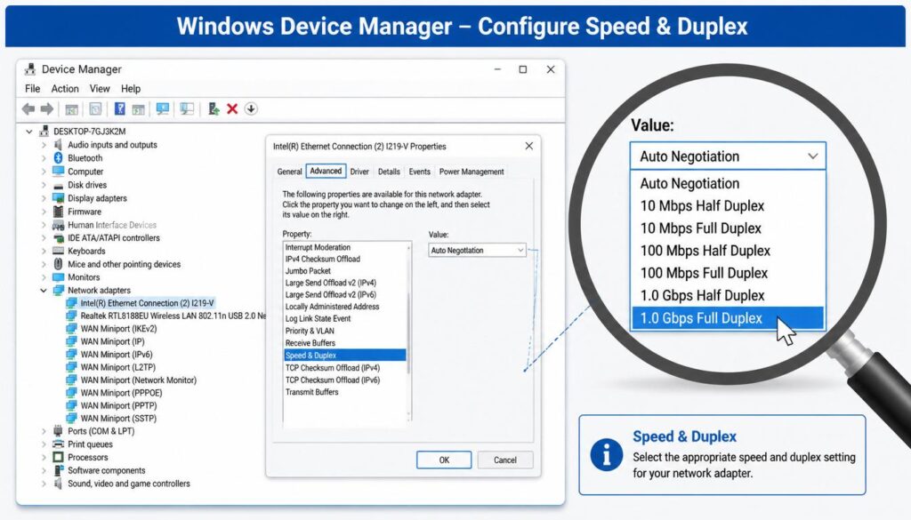 Windows Device Manager changing network adapter advanced properties speed and duplex to 1Gbps Full Duplex