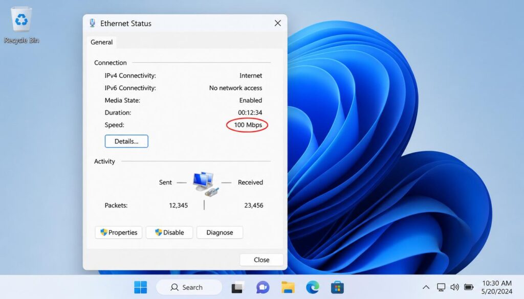 Windows network connections window checking ethernet properties and link speed status showing 100Mbps