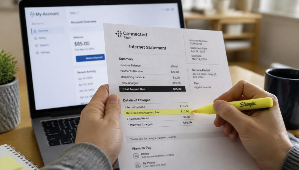 Reviewing internet bill to check early termination fee"