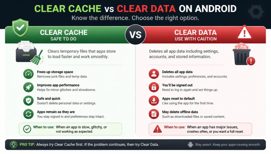 Comparison between clear cache and clear data on Android phones
