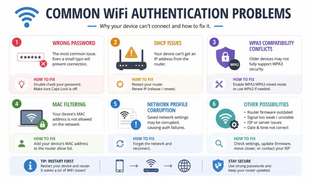 Common causes of authentication issue WiFi errors explained visually