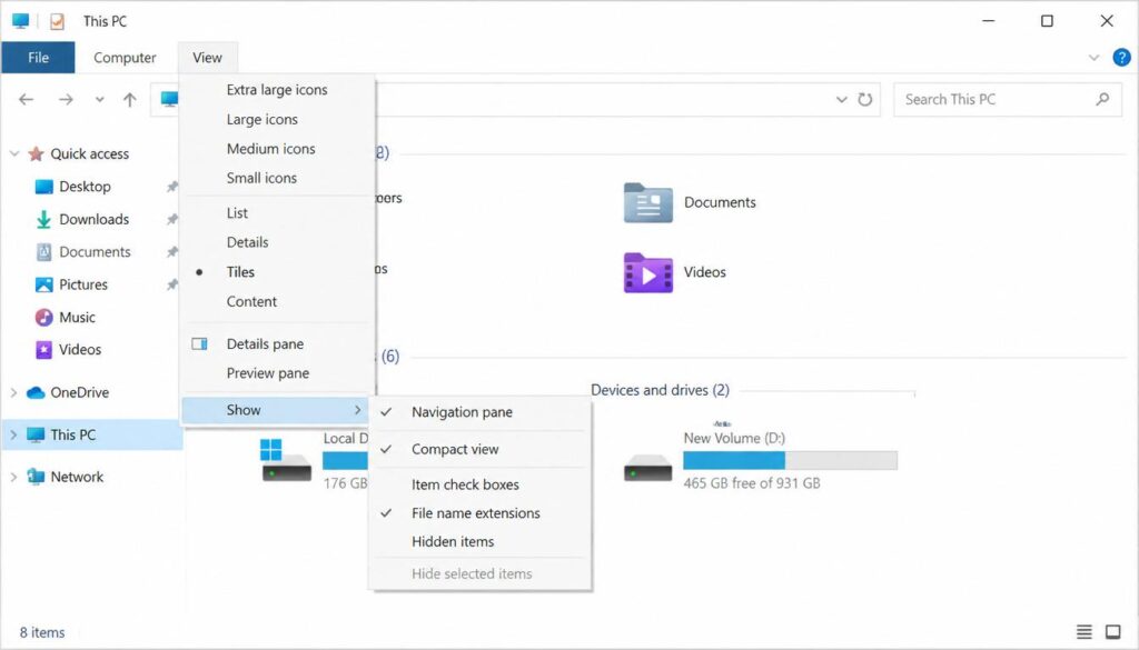 Enable file name extensions option in Windows 11 File Explorer View menu
