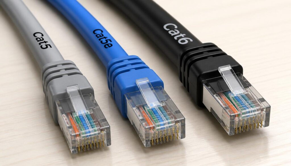 Different types of ethernet cables including Cat5 Cat5e and Cat6 with text printed on cable jackets
Why Is My Ethernet Slower Than WiFi