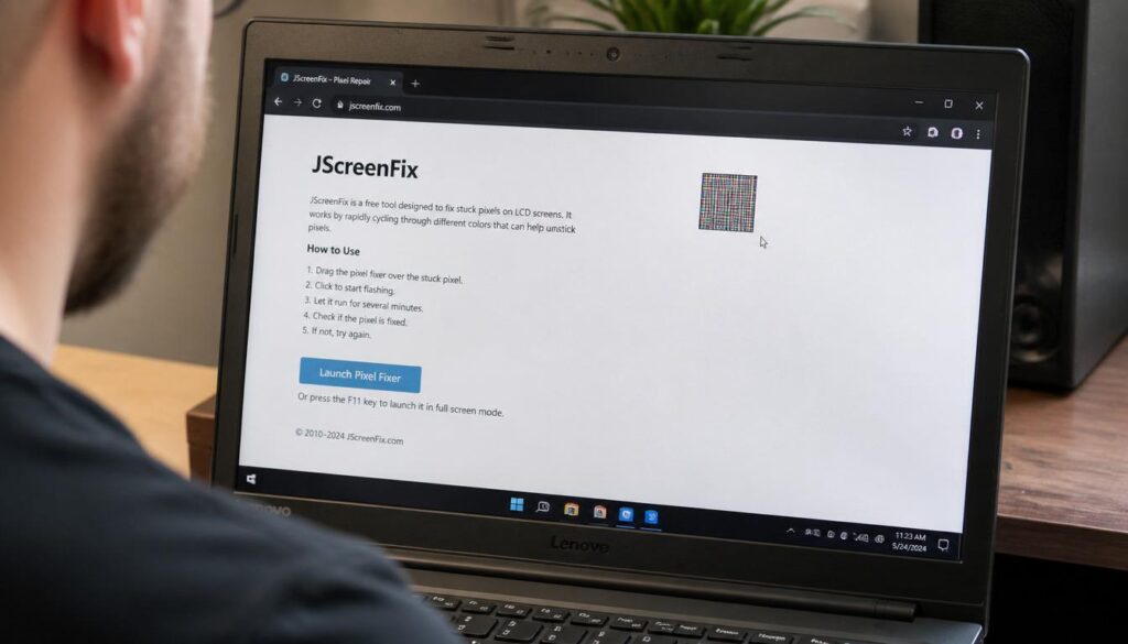 Running a browser-based stuck pixel fixing utility with a flashing pixel matrix box over the screen defect.