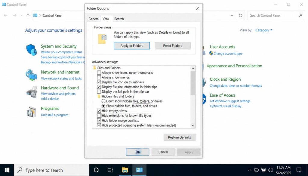 Folder Options dialog to show file extensions in Windows 11