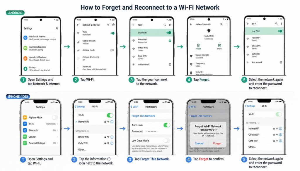 Steps to forget a WiFi network and reconnect successfully