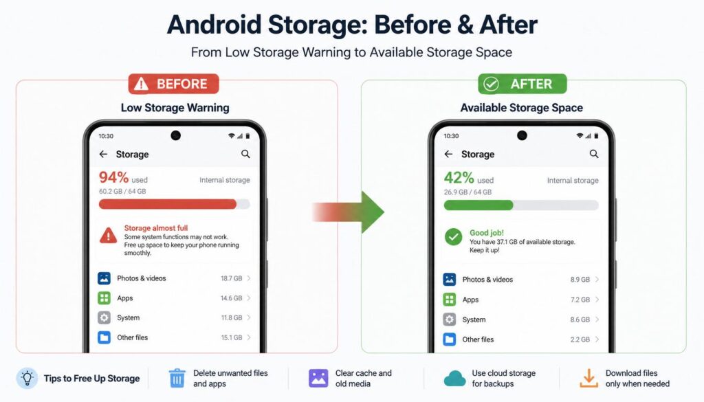 Android phone showing increased free storage after clearing cache