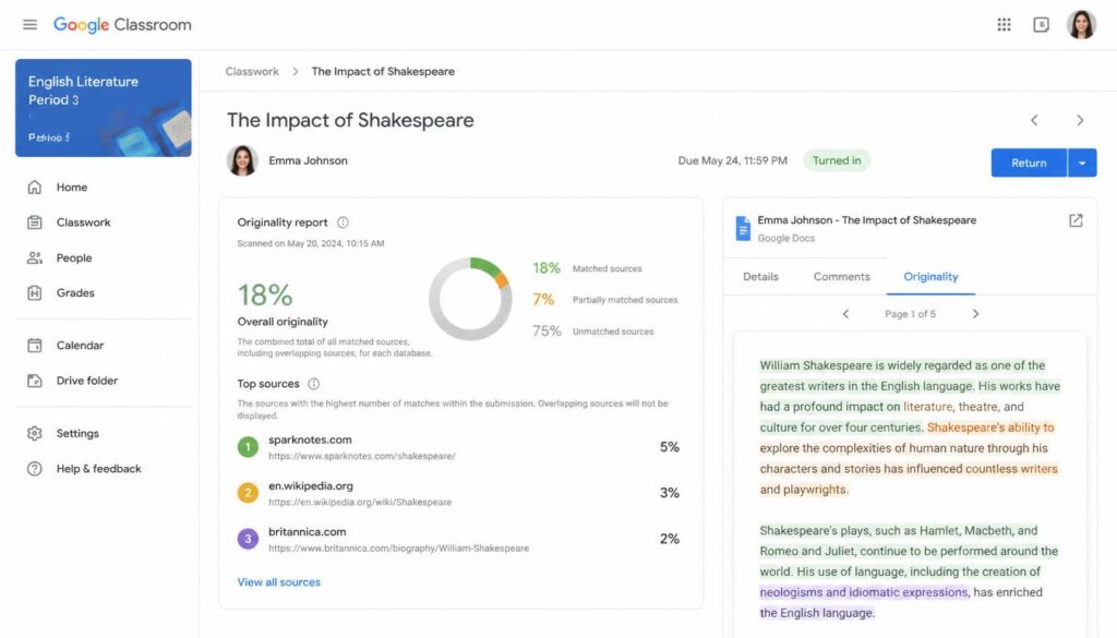 Google Classroom Originality Reports plagiarism checking system