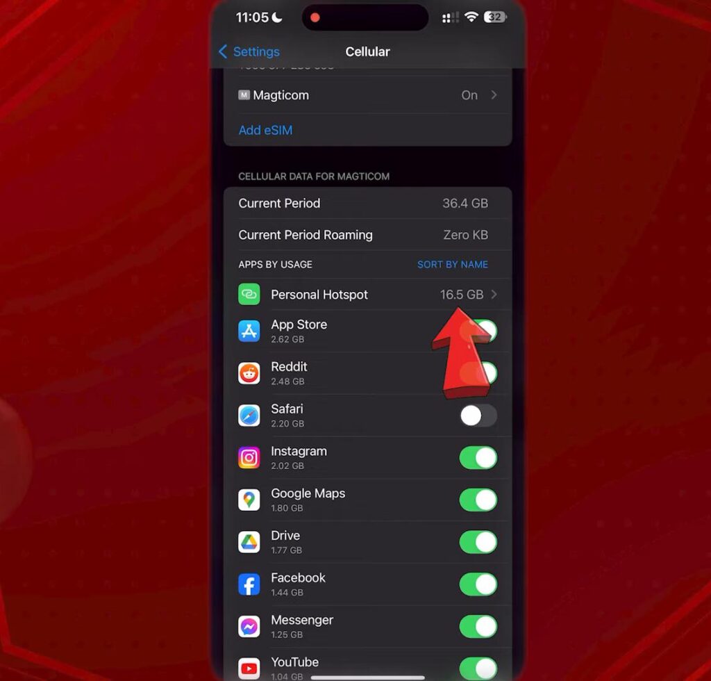 iPhone cellular settings showing data tracking data for Personal Hotspot