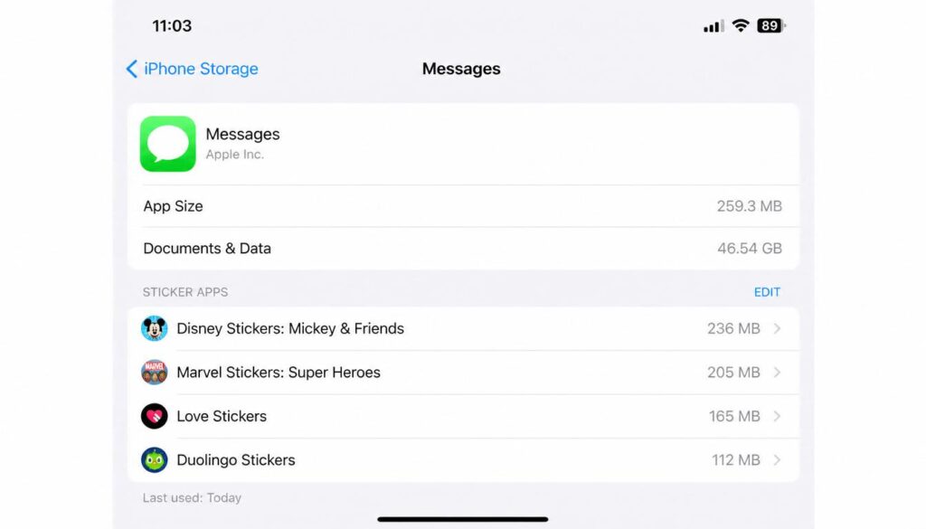 iPhone storage settings Messages app sticker storage