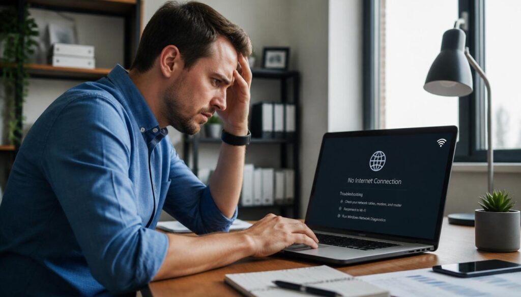 person checking if internet is working on laptop with no internet error