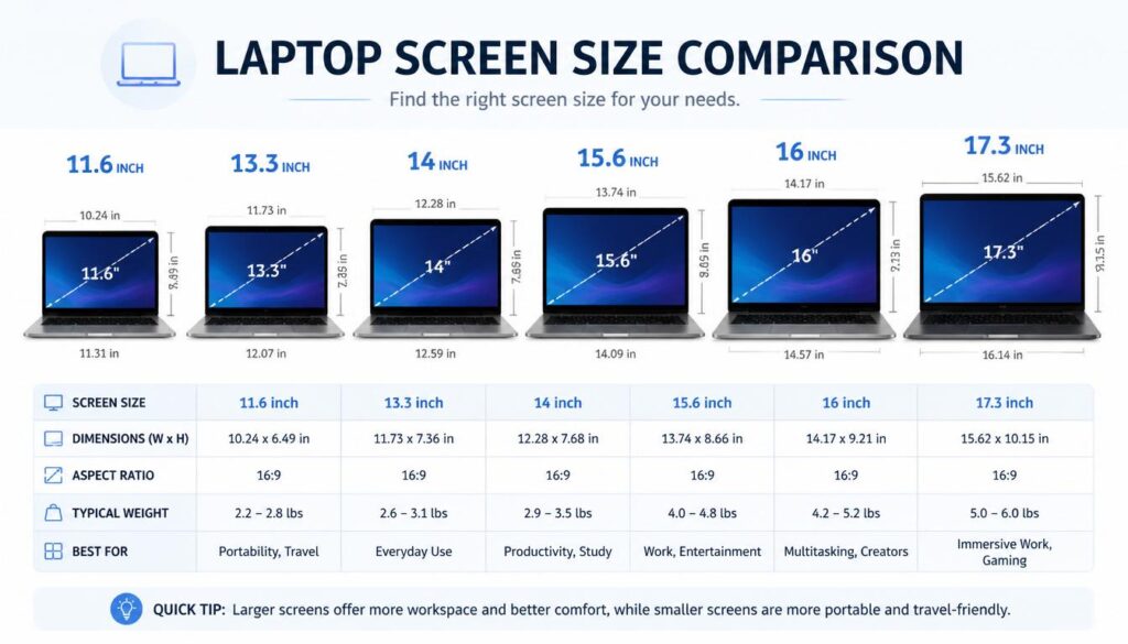 common laptop screen sizes comparison chart
