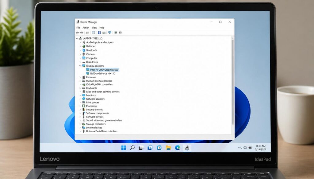 Windows 11 Device Manager showing Display adapters for Lenovo graphics driver refresh