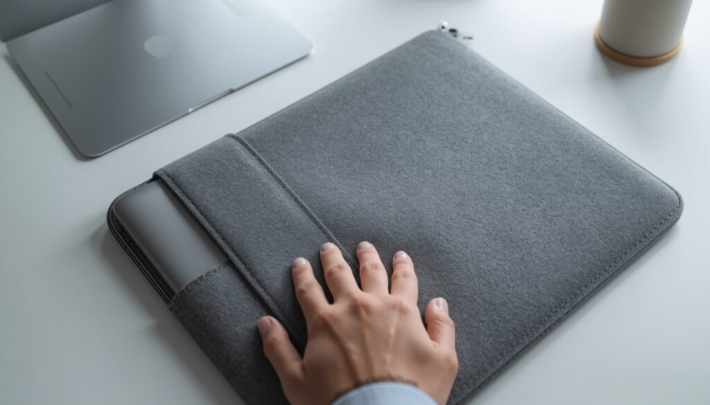 Sliding a slim Lenovo laptop into a high quality padded protective sleeve to prevent screen pressure damage.