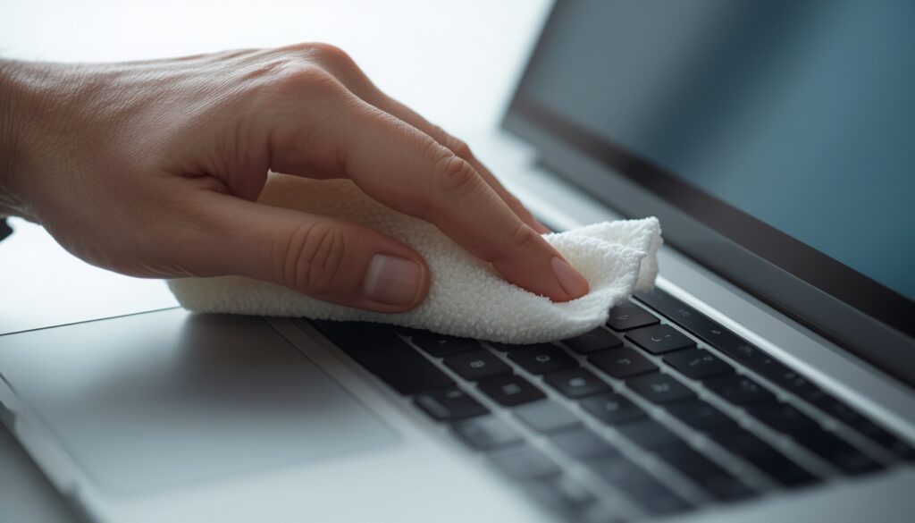 A person gently using a clean microfiber cloth wrapped around a finger to fix a screen defect on a Lenovo laptop.