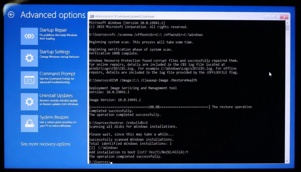 Repairing Windows installation using SFC DISM and Bootrec commands