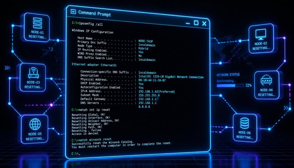 Windows Command Prompt window running netsh interface tcp show global network reset commands