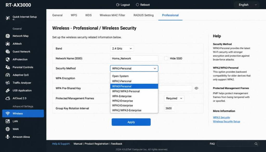 Changing WPA3 to WPA2 security settings on a WiFi router
