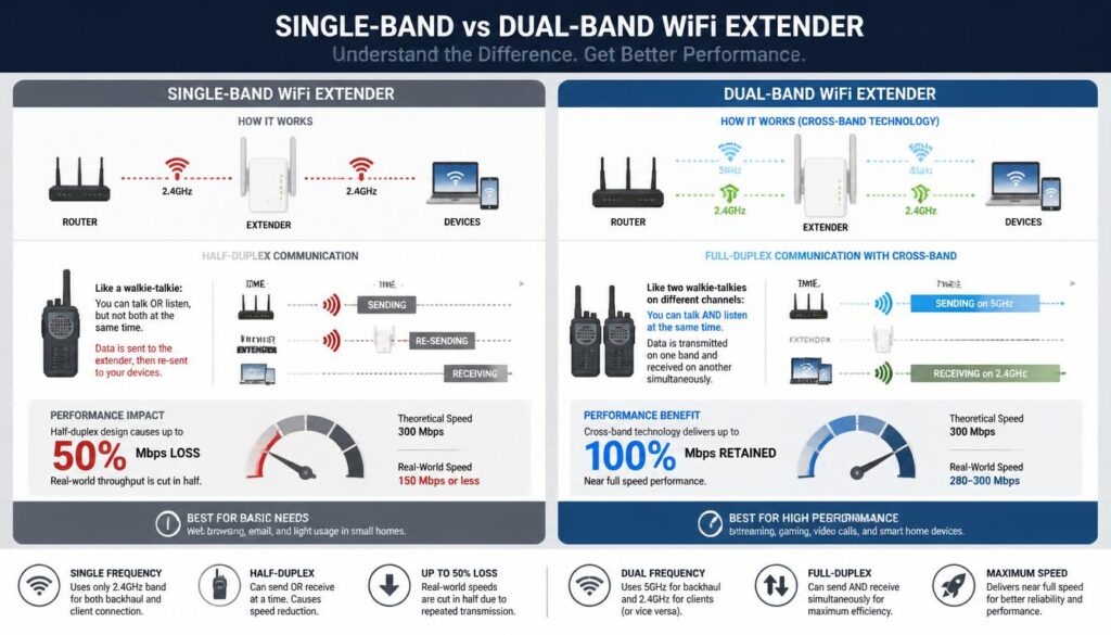 Single band vs dual band WiFi extender throughput speed comparison
