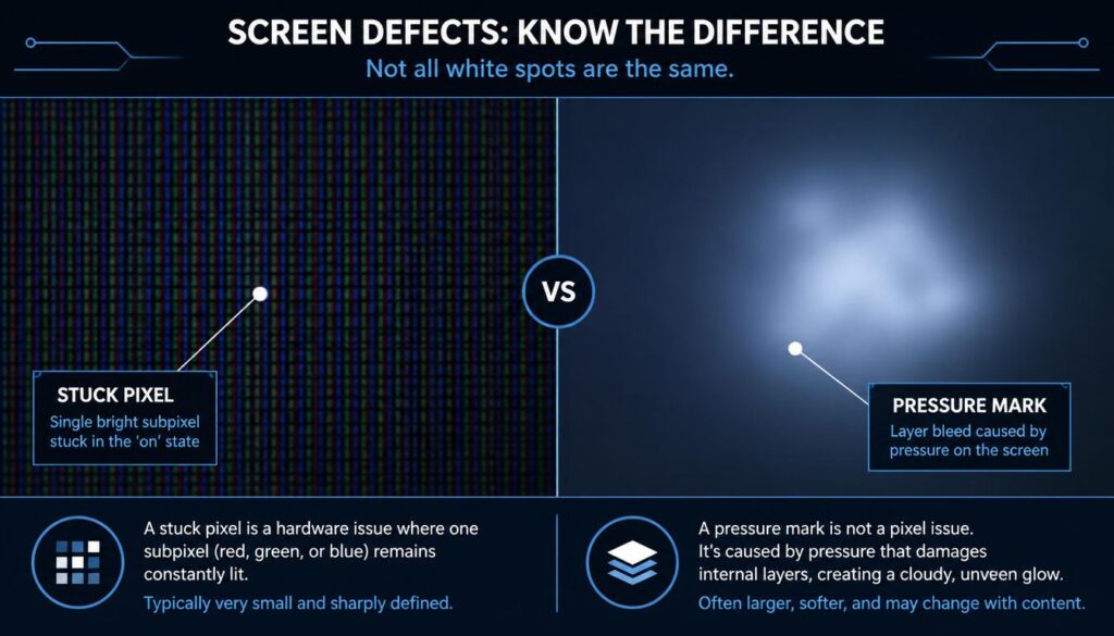 Side by side comparison diagram showing a sharp tiny stuck pixel versus a large cloudy LCD display pressure mark.