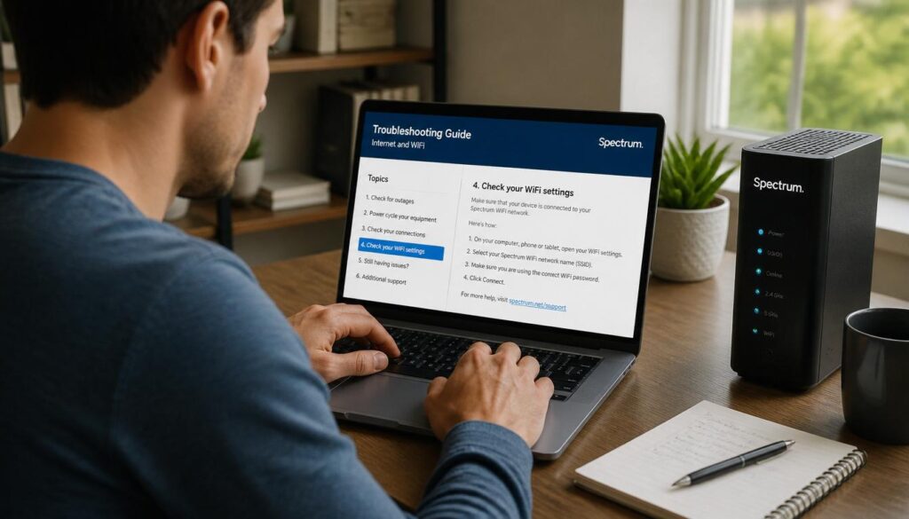 User following a troubleshoot Spectrum WiFi guide on laptop