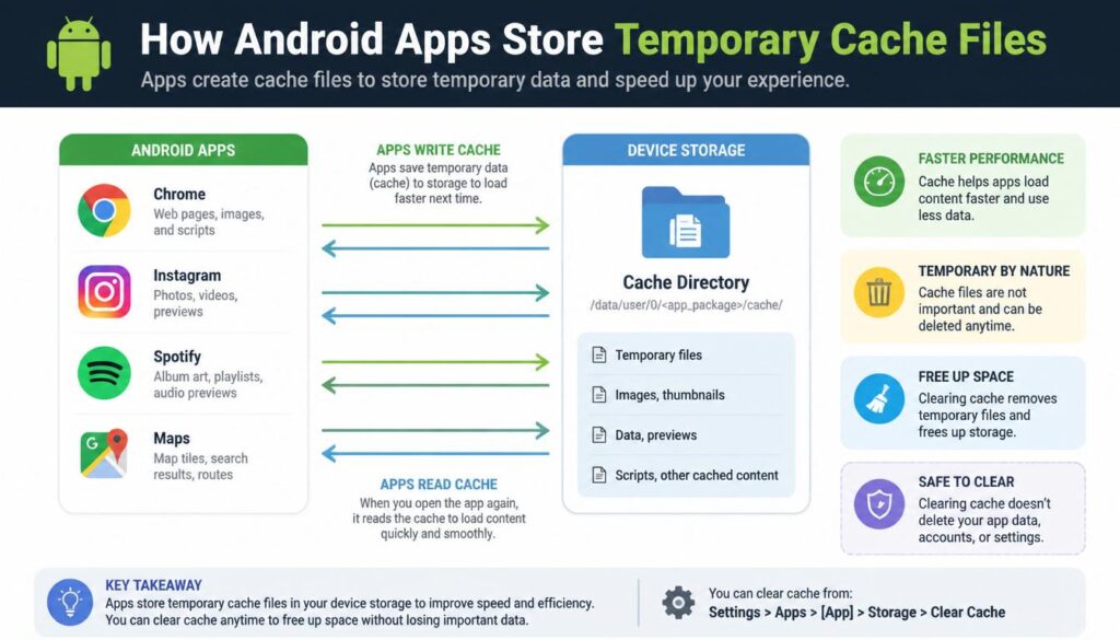 Illustration showing how app cache stores temporary files on Android