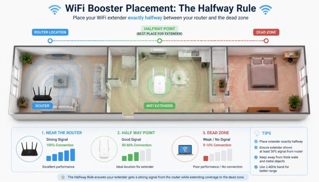 50 percent placement rule for positioning a WiFi booster between router and dead zone