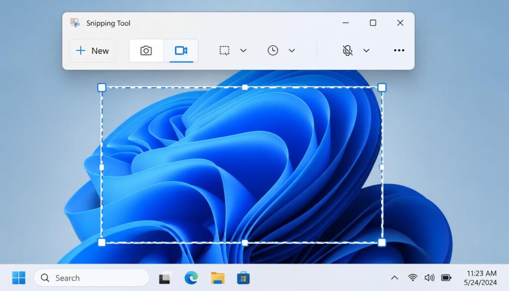 Windows 11 Snipping Tool video recording mode selected to record specific screen area