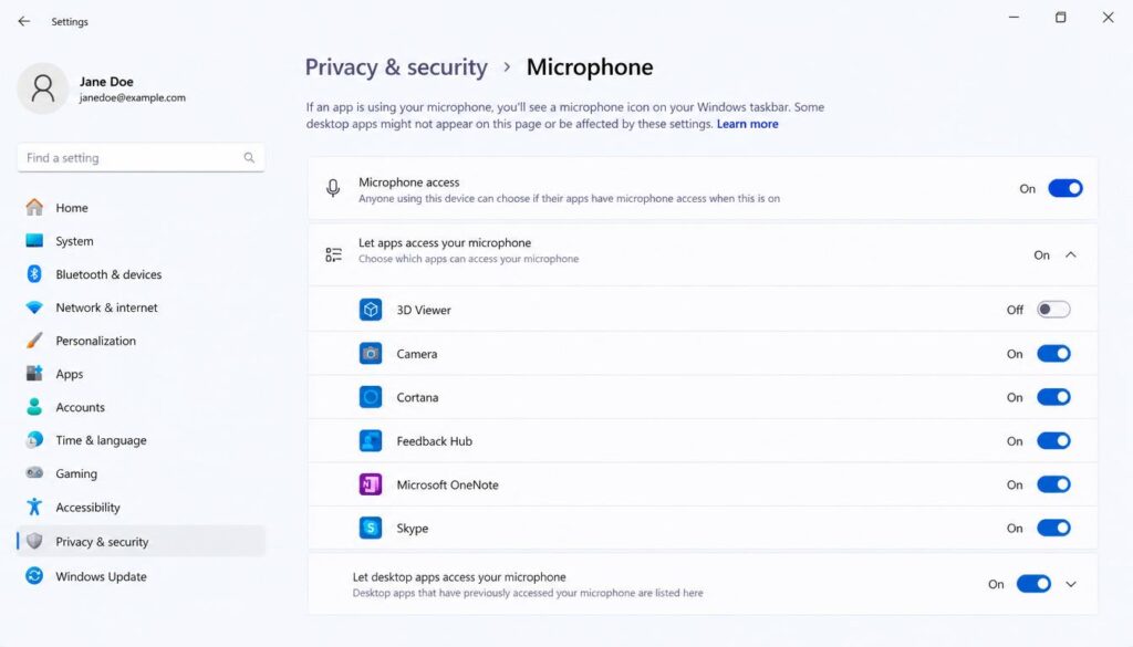 Windows microphone privacy settings page enabling app access for screen recording audio