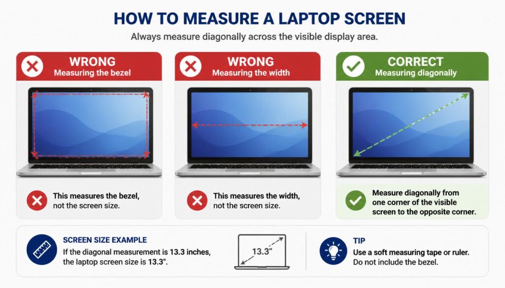 wrong vs correct way to measure a laptop screen