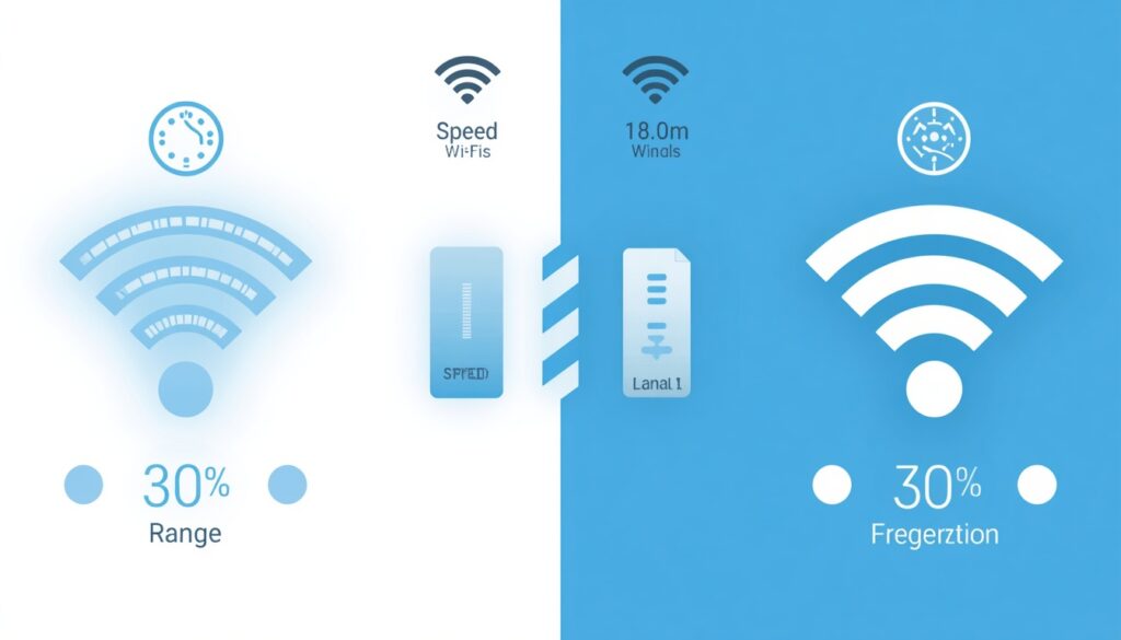 Comparison chart showing 2.4GHz versus 5GHz WiFi band range and speed