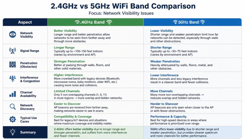 2.4GHz versus 5GHz WiFi band comparison table for network visibility issues