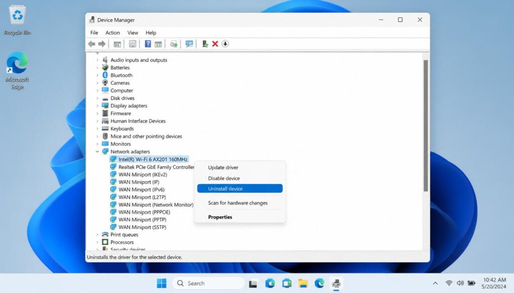 Device Manager showing wireless network adapter in Windows 11