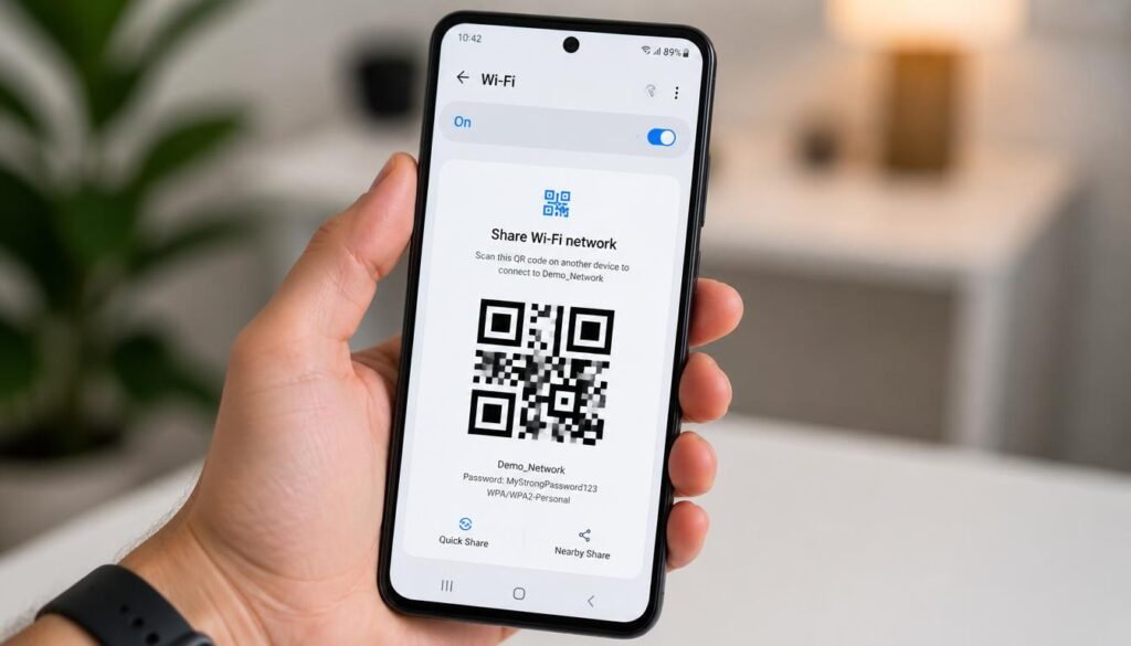 Android phone displaying a generated Wi-Fi QR code for fast network connection