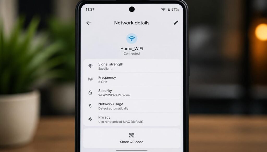 Android mobile screen showing WiFi connection details with QR code share option icon