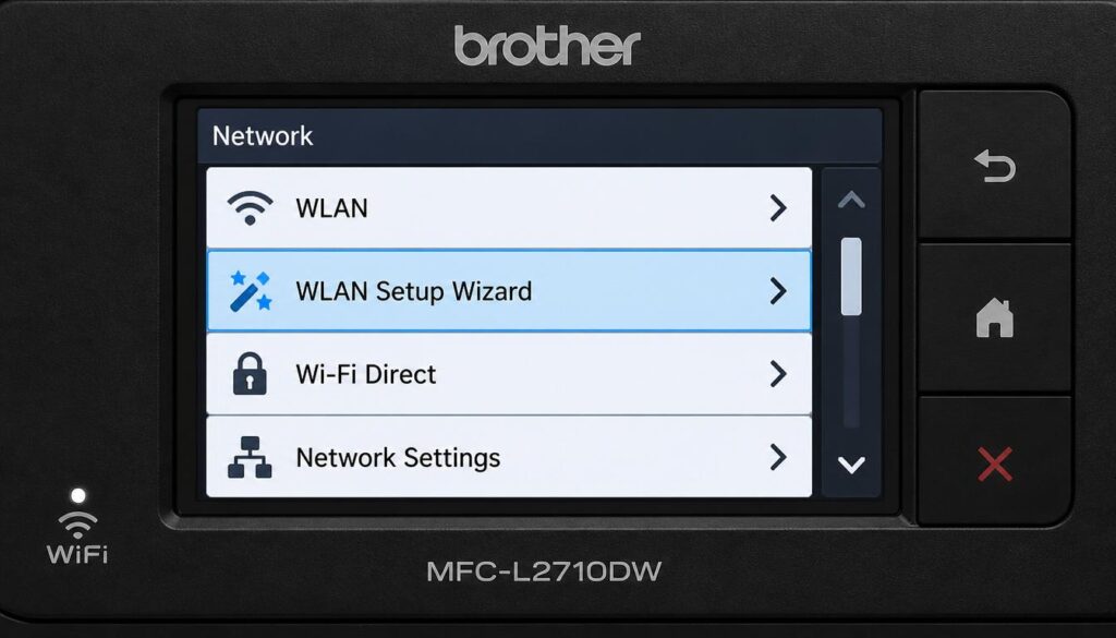 How to Connect Brother Printer to WiFi
Brother printer touchscreen showing the WLAN Setup Wizard menu
