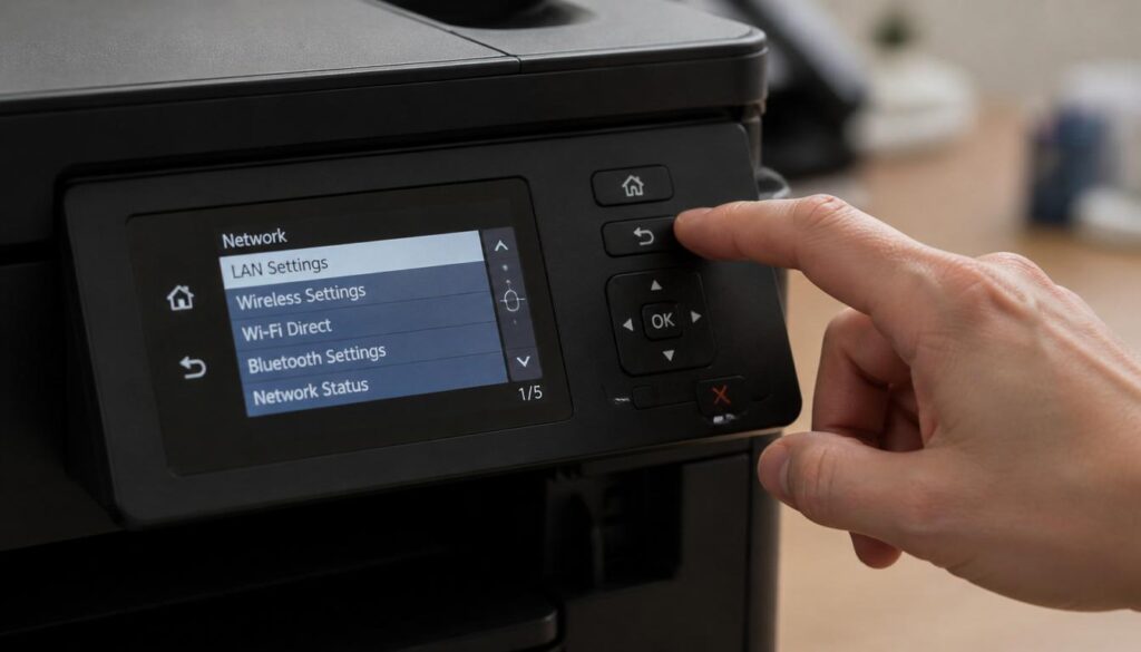 Canon printer control panel displaying LAN and wireless settings