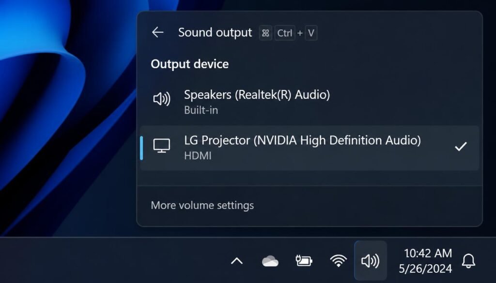 Selecting the projector as the default audio output playback device in Windows sound settings