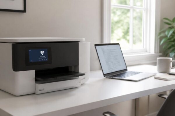 How to Connect Printer to WiFi Wireless printer and laptop set up on a home office desk for WiFi connection