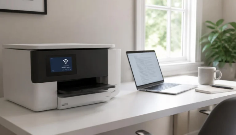 How to Connect Printer to WiFi Wireless printer and laptop set up on a home office desk for WiFi connection