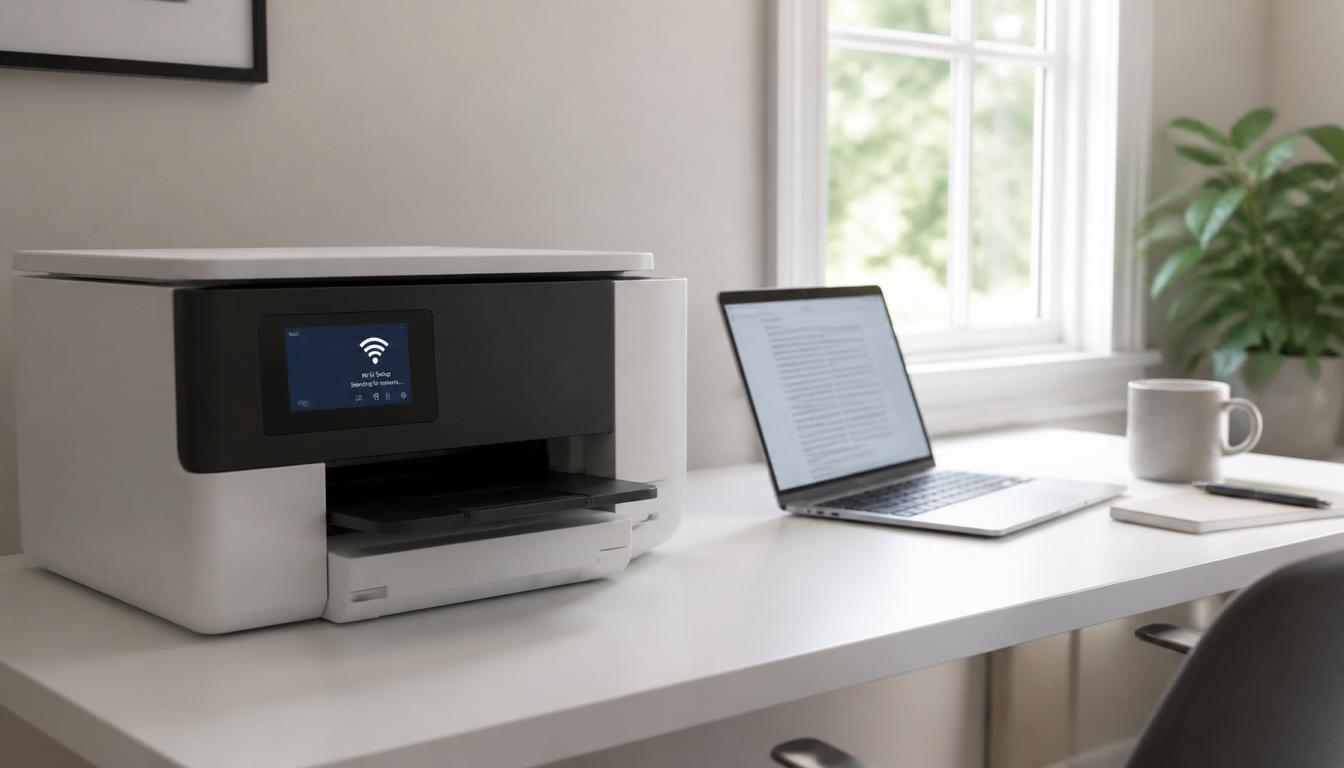 How to Connect Printer to WiFi Wireless printer and laptop set up on a home office desk for WiFi connection
