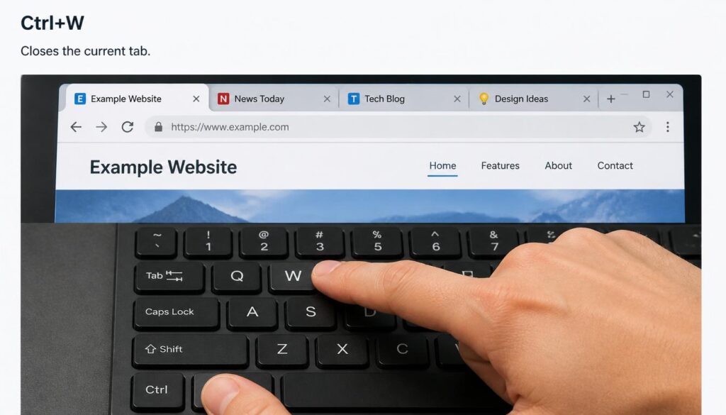 Hand pressing Ctrl+W keyboard shortcut to close a single browser tab without closing the window